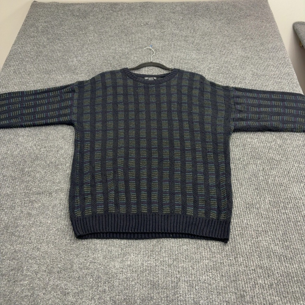 Vintage Jantzen Sweater Mens XL Navy Acrylic Striped Crewneck Retro Coogi Style